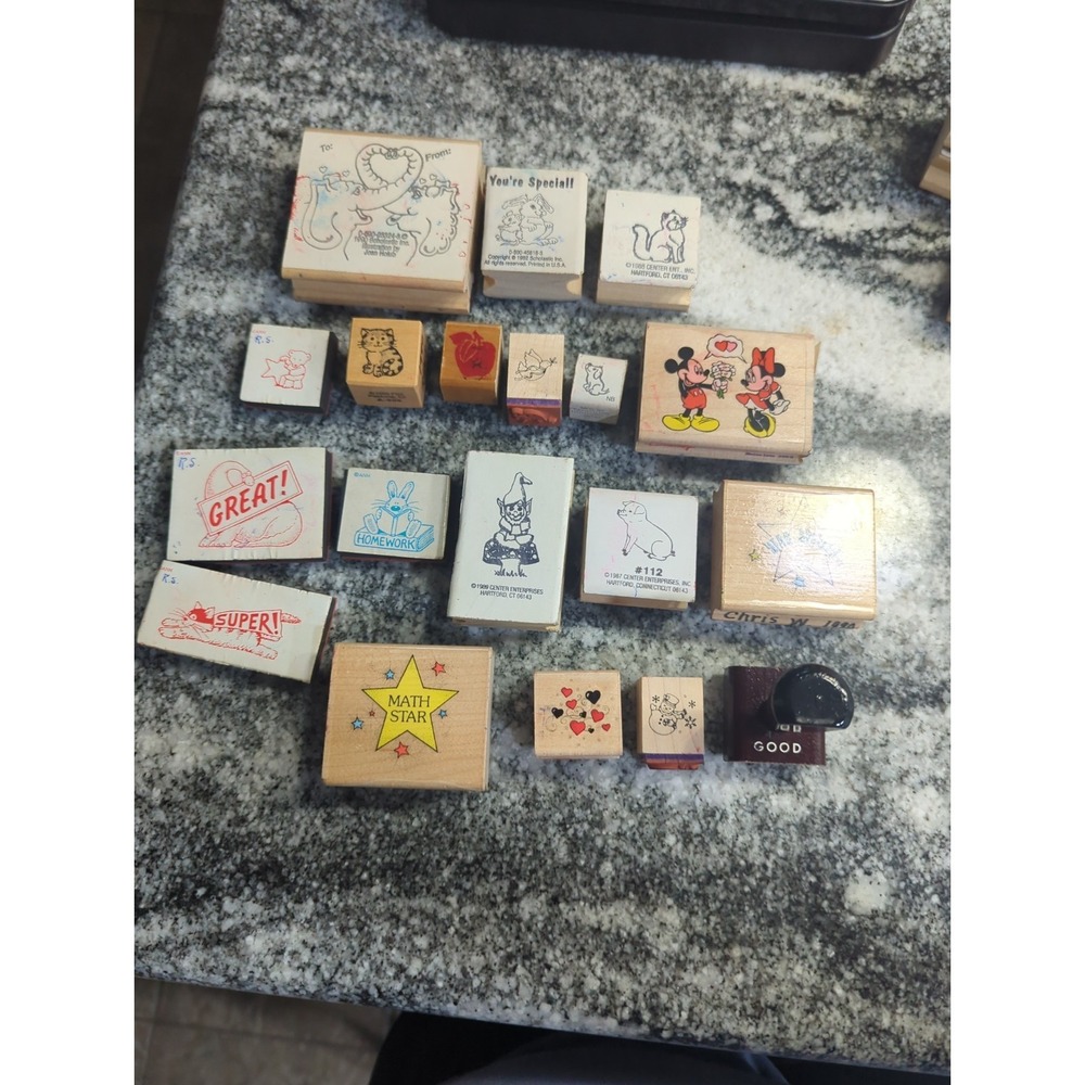 Vintage 1980s-90s Teacher Rubber Stamp Lot School Praise Classroom 19 Pcs